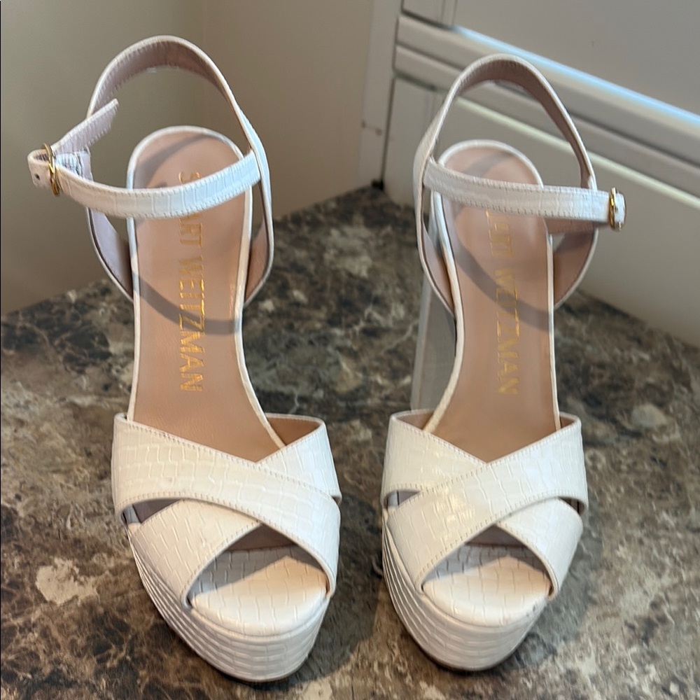 Stuart Weitzman white Platform Shoes with Criss-Cross Straps.